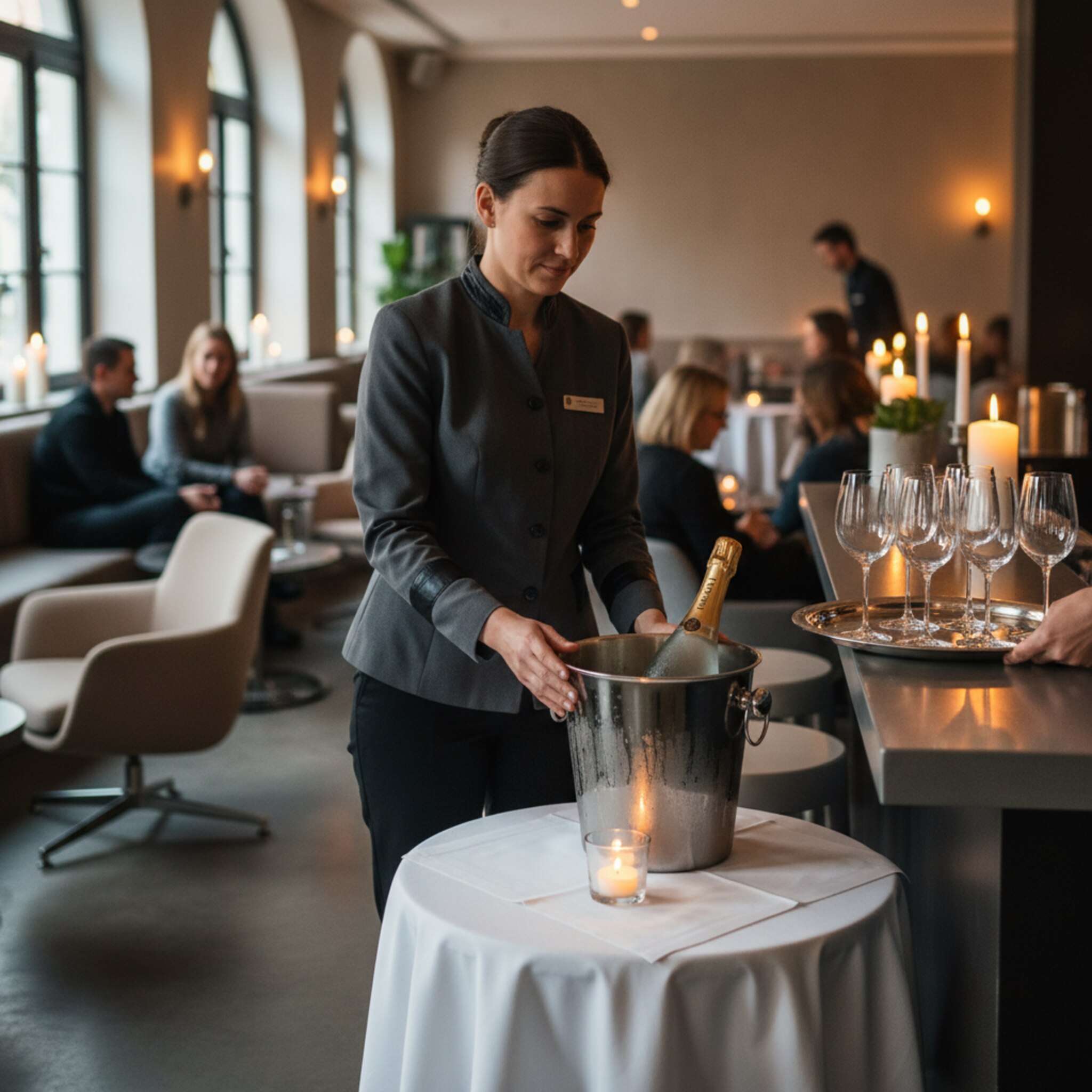 Ein Server stellt eine gekühlte Magnumflasche auf einen vorbereiteten Tisch, Kerzenlicht spiegelt im Edelstahl. In der Nähe werden Gläser auf einem Tablett sanft ausgerichtet. Die Szene strahlt Wertigkeit und Vorfreude aus. Alles deutet auf einen reibungslosen, gut geplanten Abend hin.