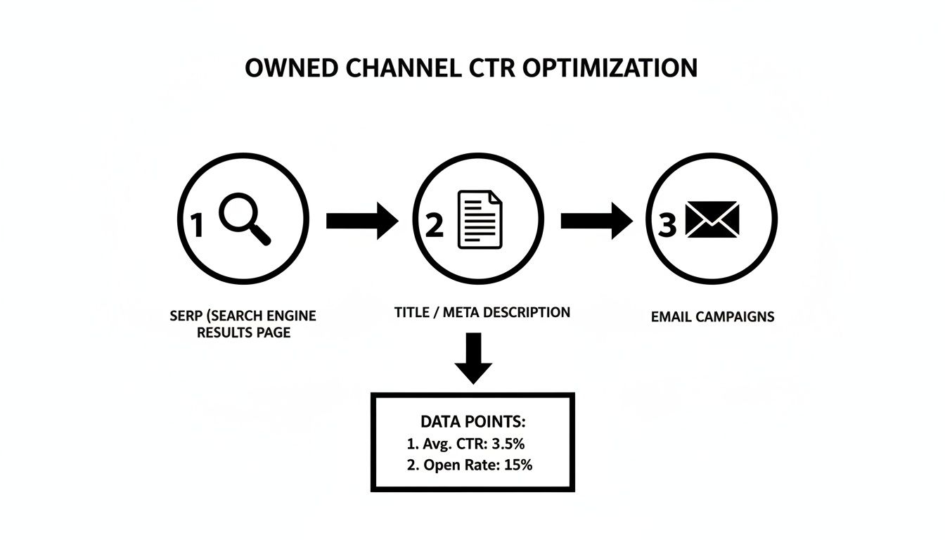 Flowchart illustrating owned channel CTR optimization across SERP, title, meta description, and email campaigns.