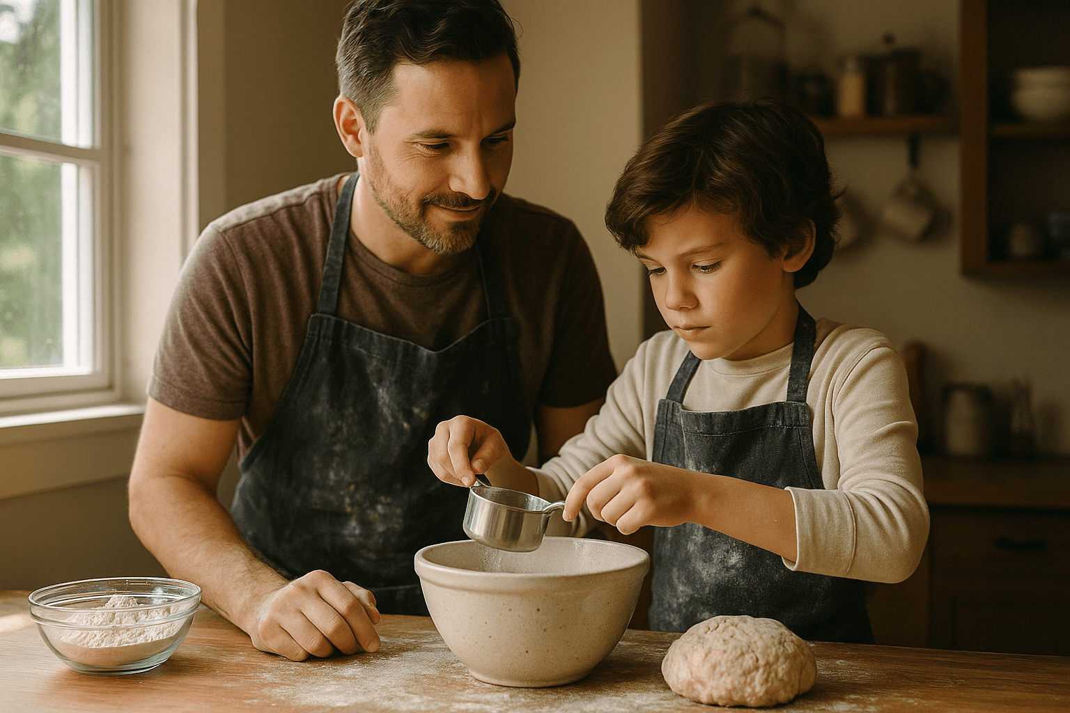 Parent and child working together on a challenging cooking project, both wearing aprons and concentrating on measuring ingredients