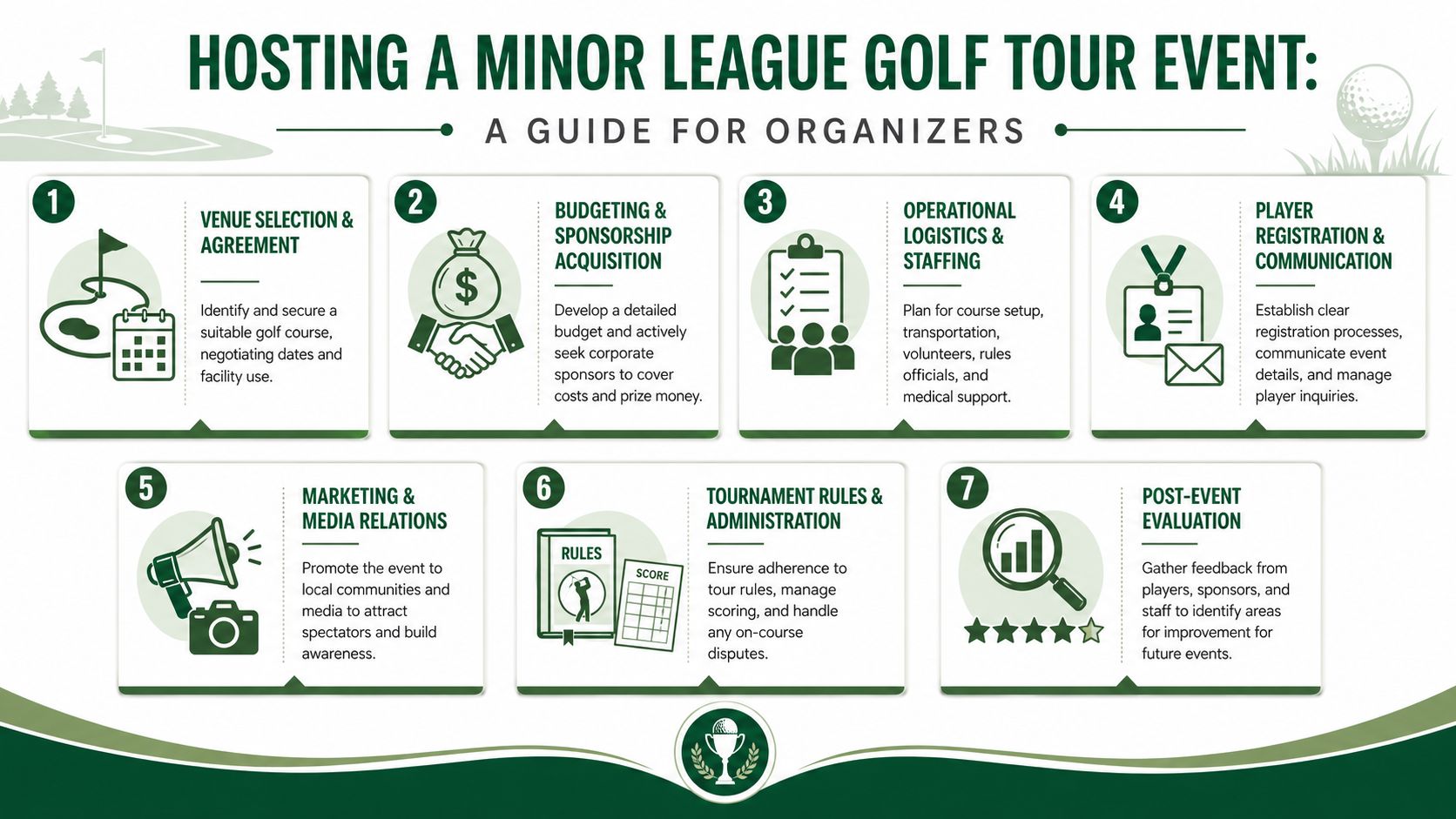 A visual guide outlining seven essential steps for organizing and hosting a minor league golf tour event.