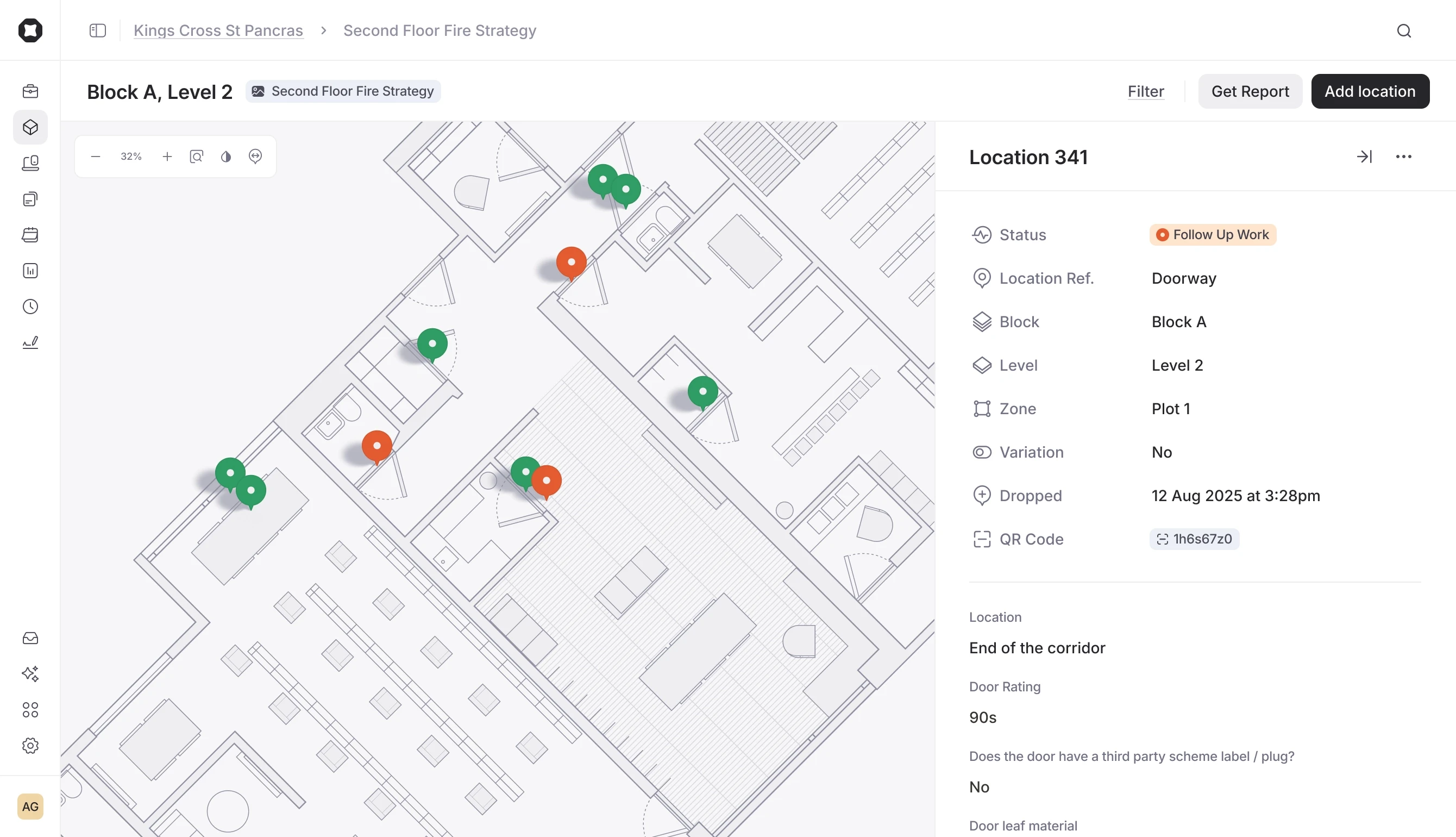In light mode, a drawing in Onetrace with multiple locations pinned. An orange pin for location 341 indicates “Follow up work” is needed.