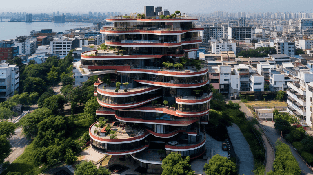 Spiral residential tower with continuous balconies and greenery set in dense urban waterfront environment