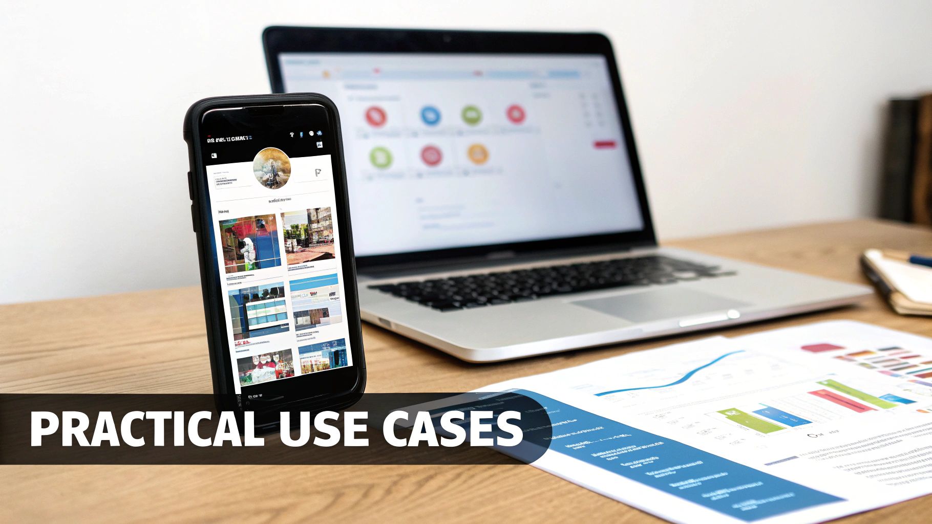 A professional desk setup with a smartphone, laptop, and business documents, showcasing digital tools and data.