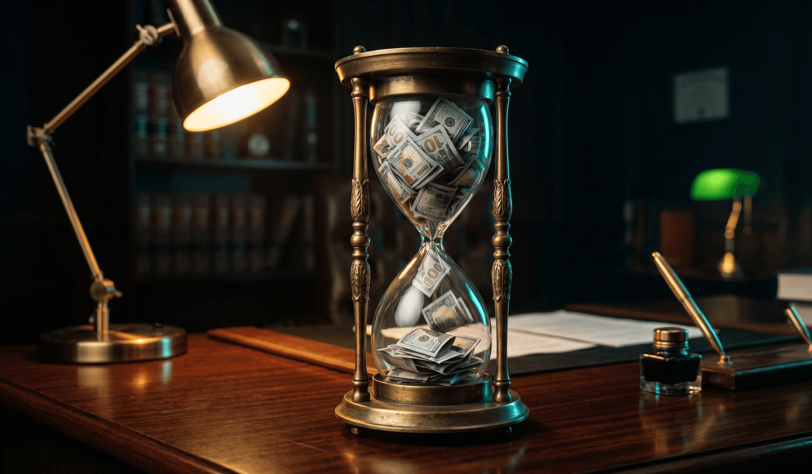 Brass hourglass filled with cash representing the six-figure annual revenue PI law firms lose to slow intake response times.