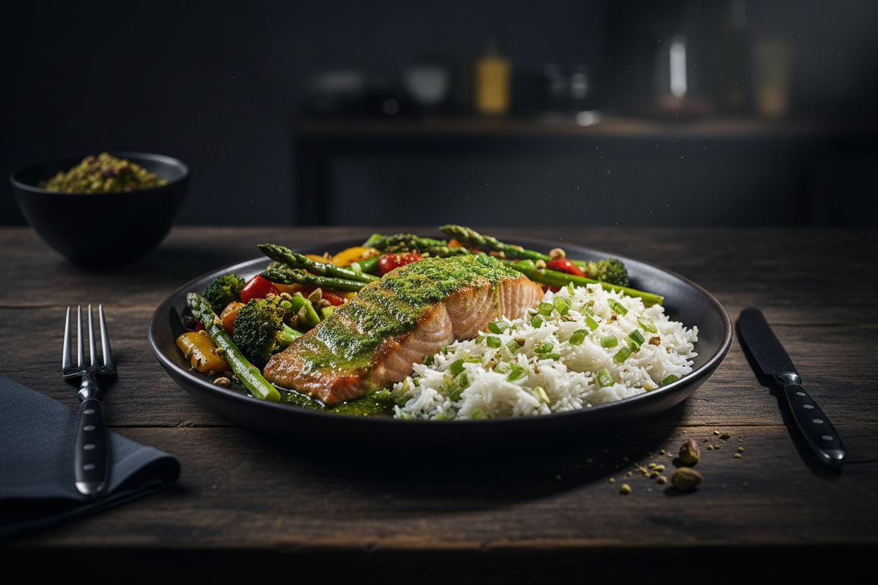 Balanced plate with protein, vegetables, and carbs