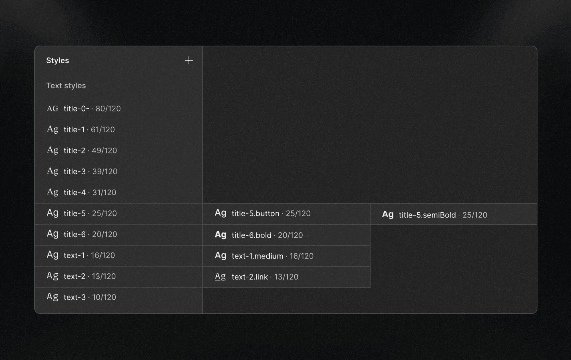 Text styles panel displaying base styles and modifier variants such as button, bold, and link.