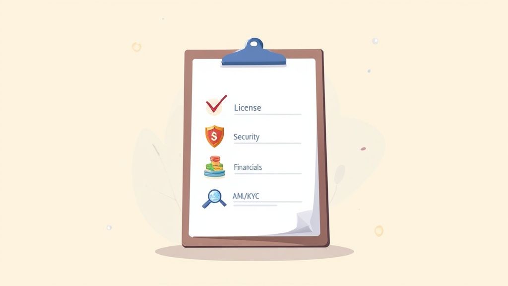 A clipboard shows a checklist featuring license, security, financials, and AML/KYC requirements with icons.