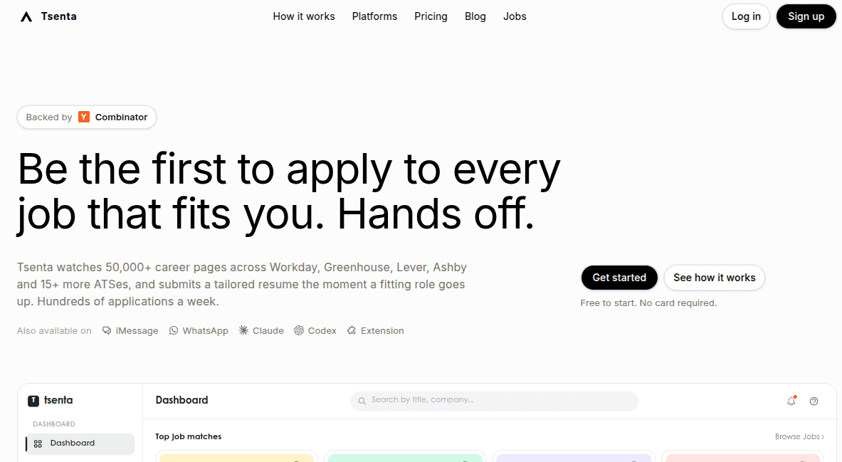 Tsenta AI auto-apply agent watching 102,418 job sources and submitting applications within 8 minutes of a role going live
