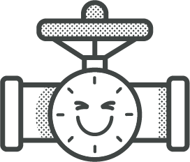 Cartoon pipe valve with a happy smiley face, suggesting smooth operation.