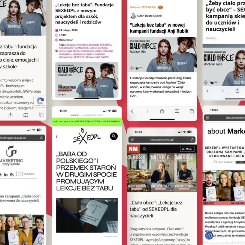 Kolaż z artykułami medialnymi o kampanii Lekcje bez tabu