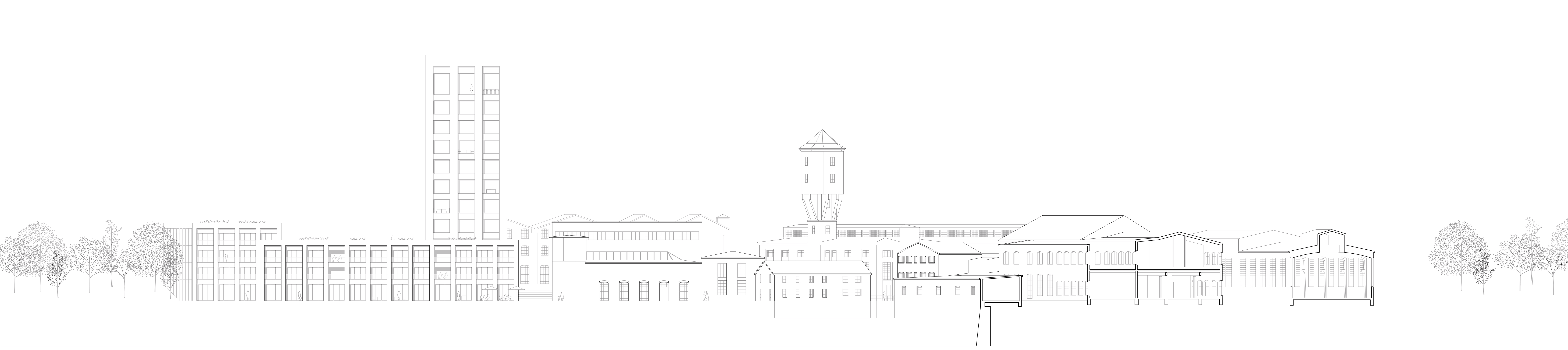 Gebäudeschnitt am Finowkanal im Projekt Papierfabrik Wolfswinkel in Eberswalde, mit Neubauten und historischem Hallenensemble