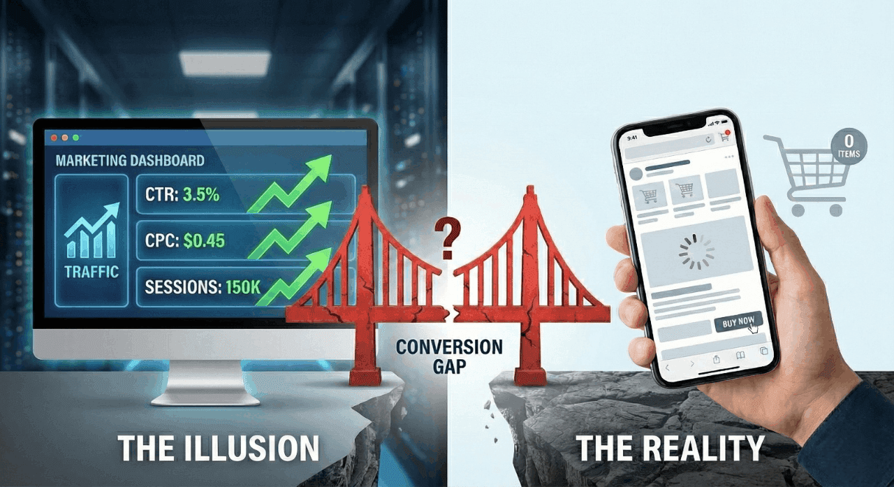 A split-screen graphic titled "The Illusion" vs. "The Reality," showing a broken bridge between a successful marketing dashboard and an empty mobile shopping cart.