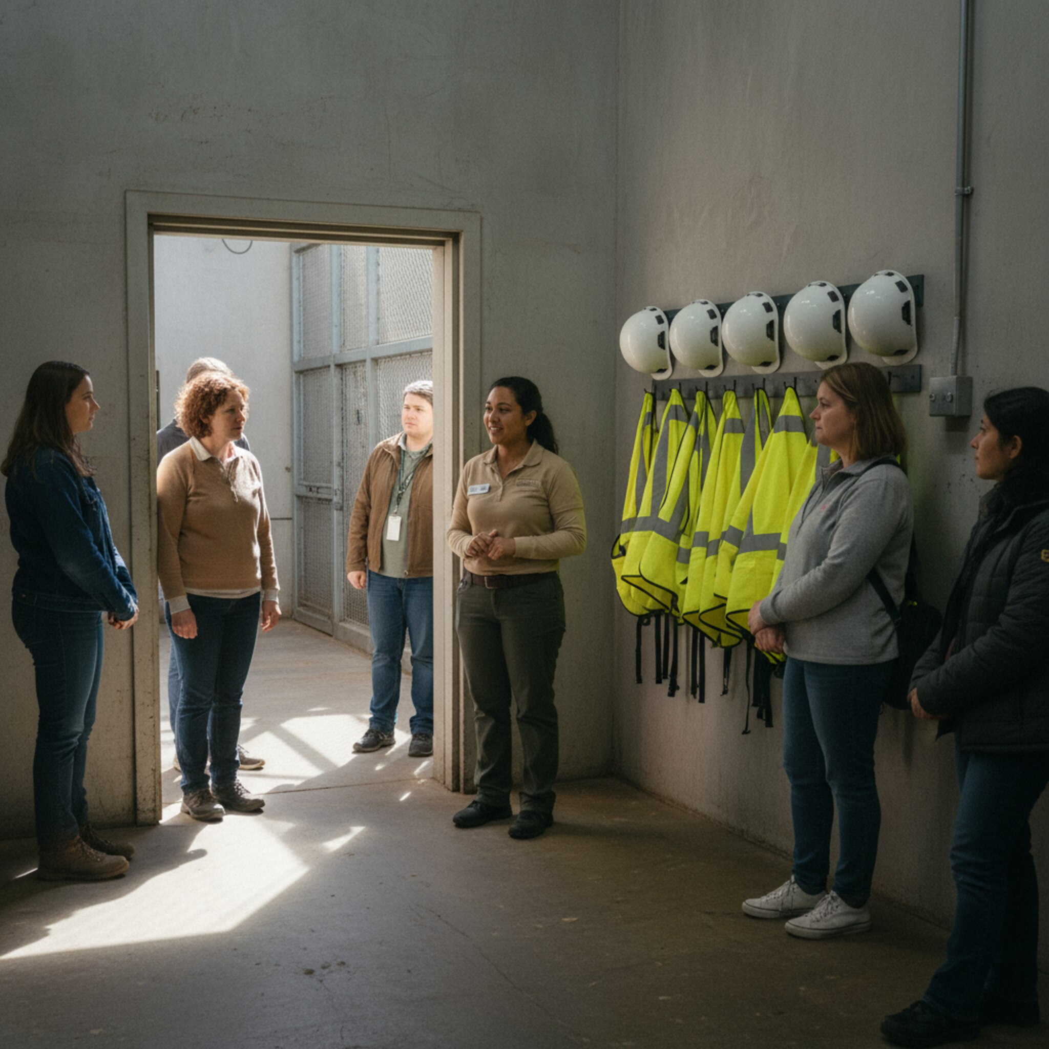 Eine kleine Gruppe steht an einer Seitentür mit Blick in den Servicetrakt. Ein Guide mit Namensschild erklärt die nächsten Schritte, leise Tiere sind im Hintergrund zu hören. Sonnenlicht fällt streifend auf den Boden, Helme und Westen hängen ordentlich an Haken, die Stimmung ist erwartungsvoll.