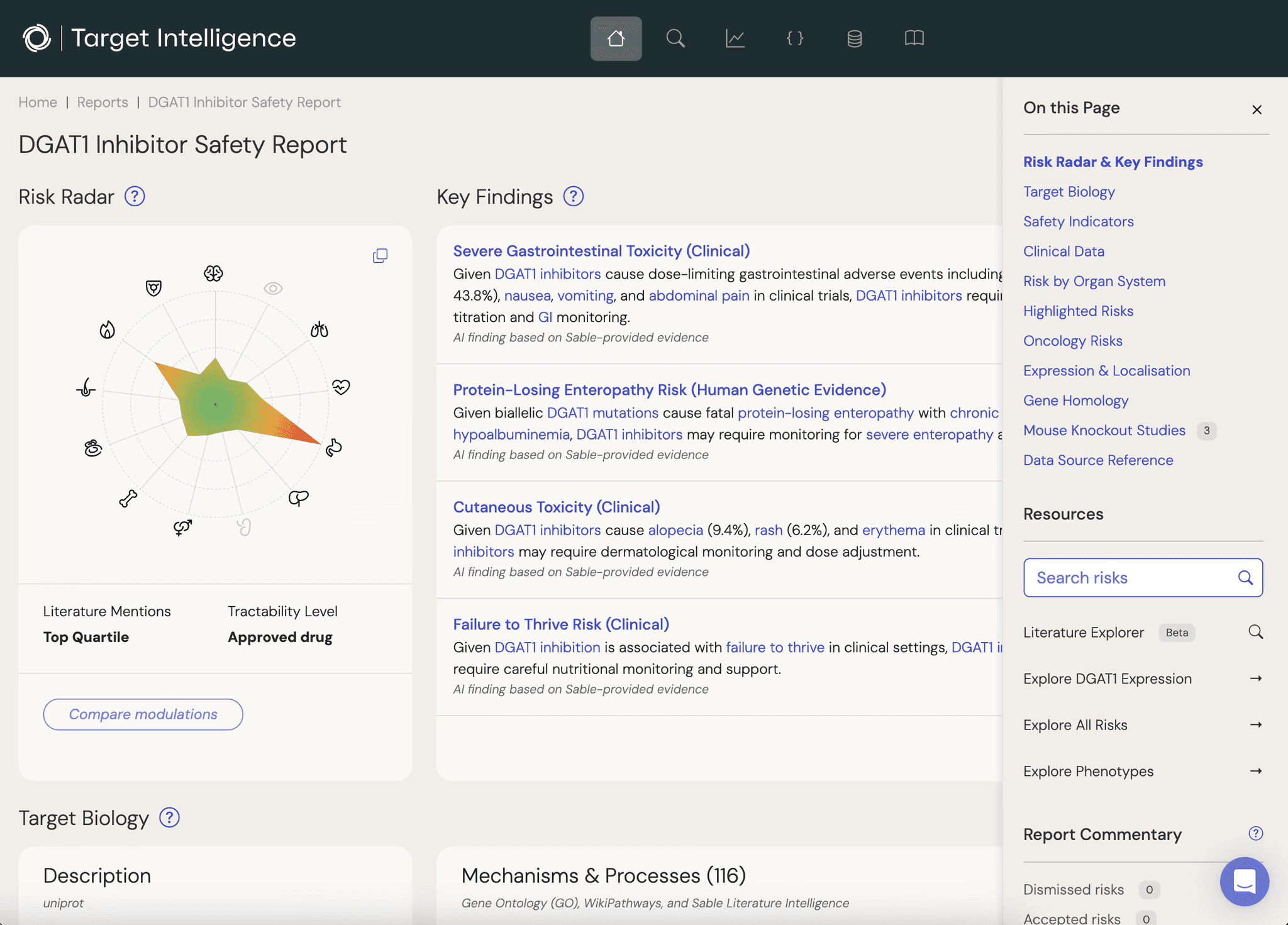 Screenshot of Sable Target Intelligence for a target highlighting the overall safety score, potential risk areas and highlighted phenotypes of interest.