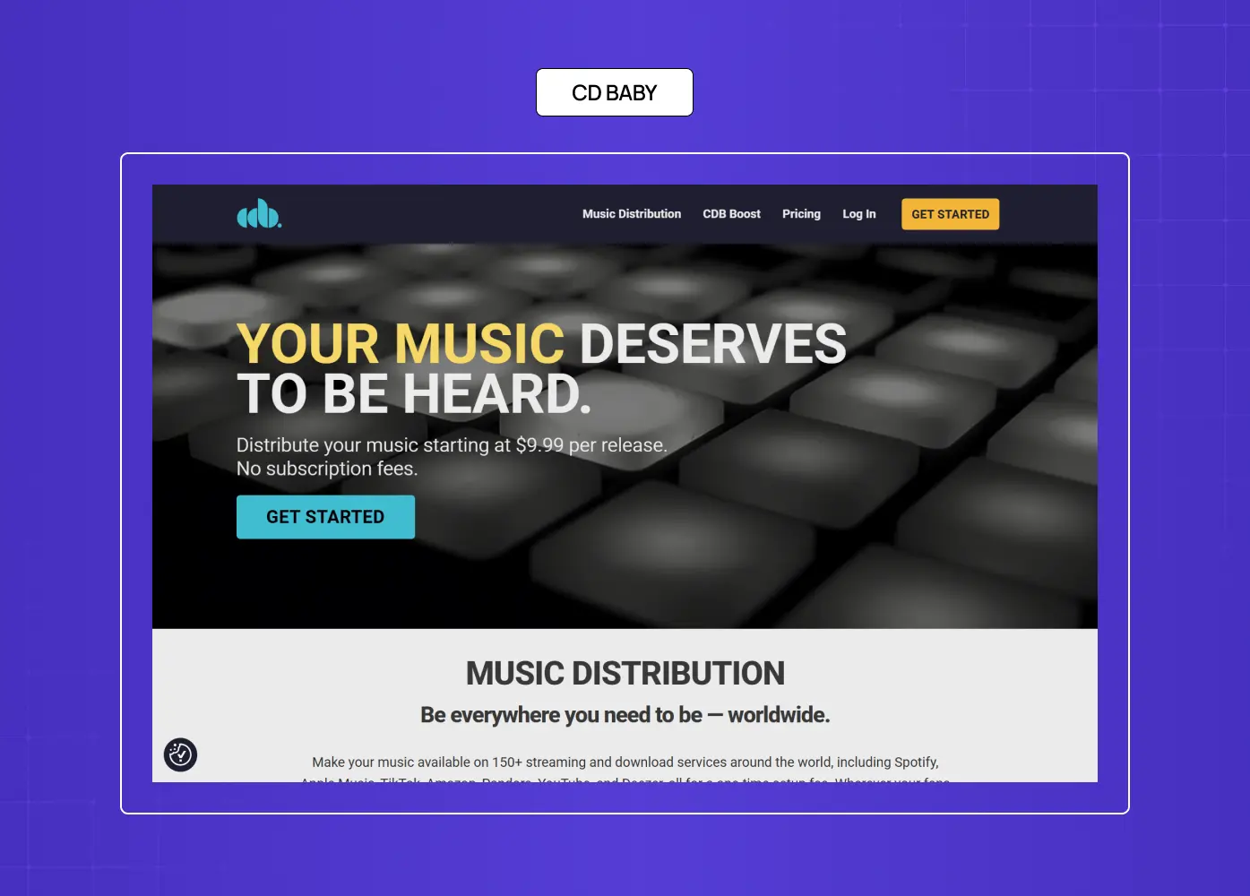 CD Baby homepage promoting music distribution services with bold typography and artist-focused messaging.