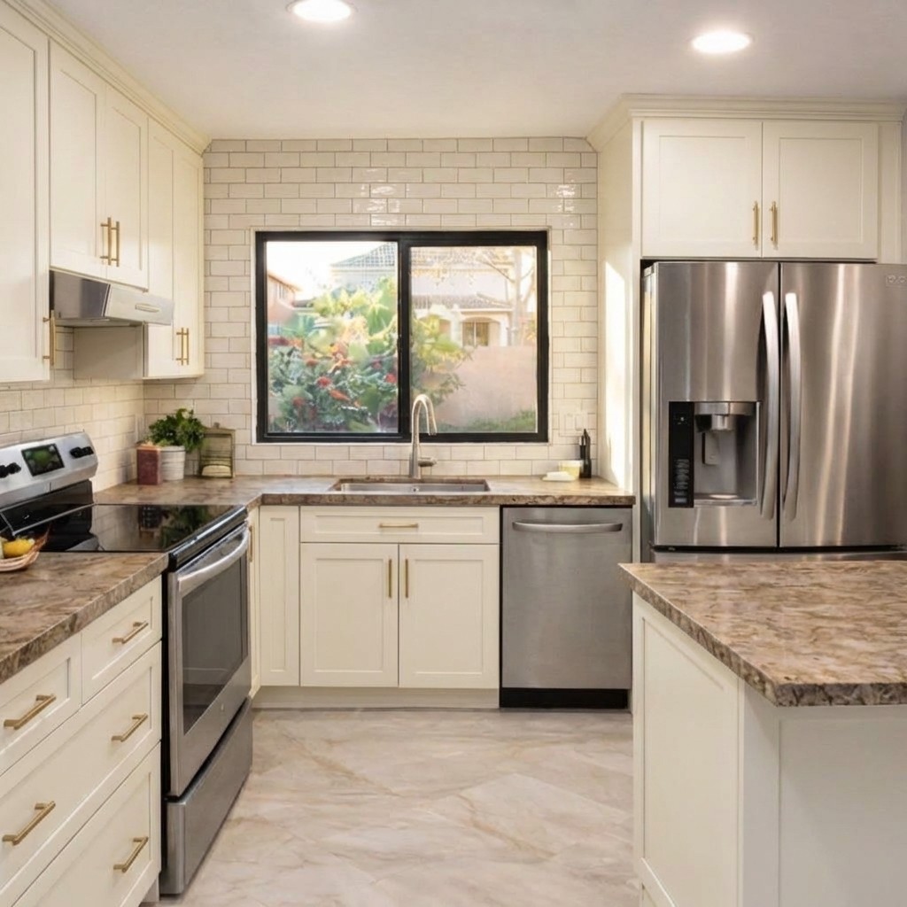 Warm white Alabaster cabinets with brass hardware and handmade subway backsplash