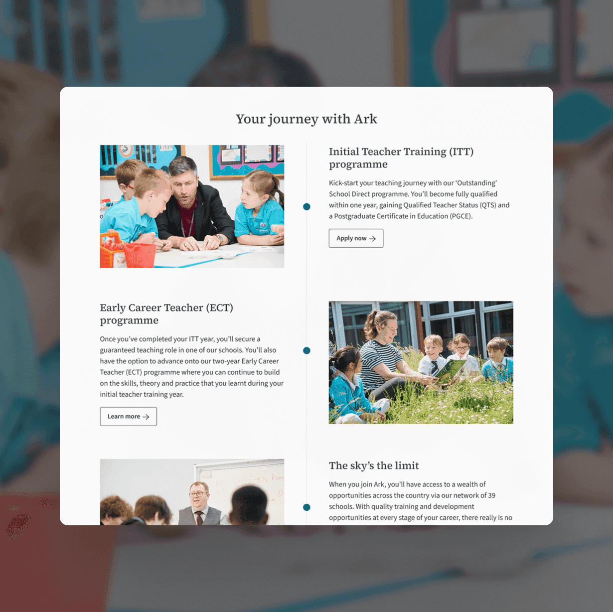 Ark Teacher Training "Your journey with Ark" page showing a step-by-step guide to the teacher training application process with supporting imagery