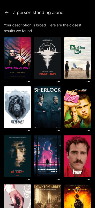 A results gallery showing how AI interprets broad visual descriptions like "a person standing alone" into specific film titles