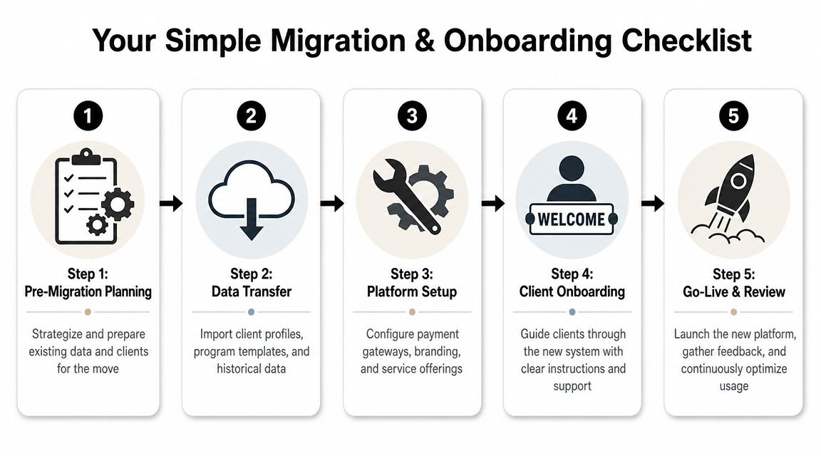 A five-step checklist infographic for a seamless business software migration and client onboarding process.