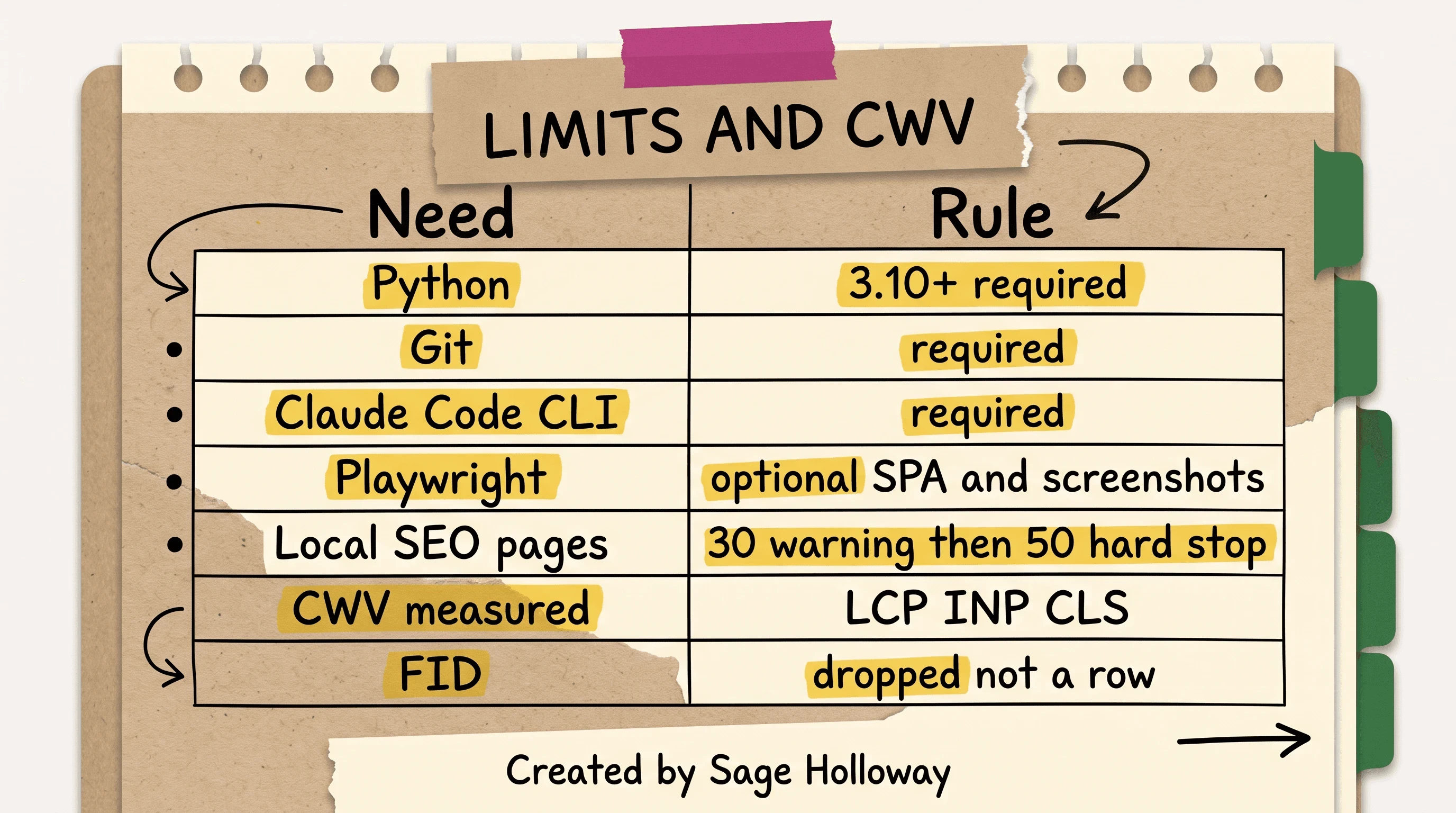 Table of Claude Code SEO runtime needs, Core Web Vitals LCP INP CLS, and the 30/50 page guard