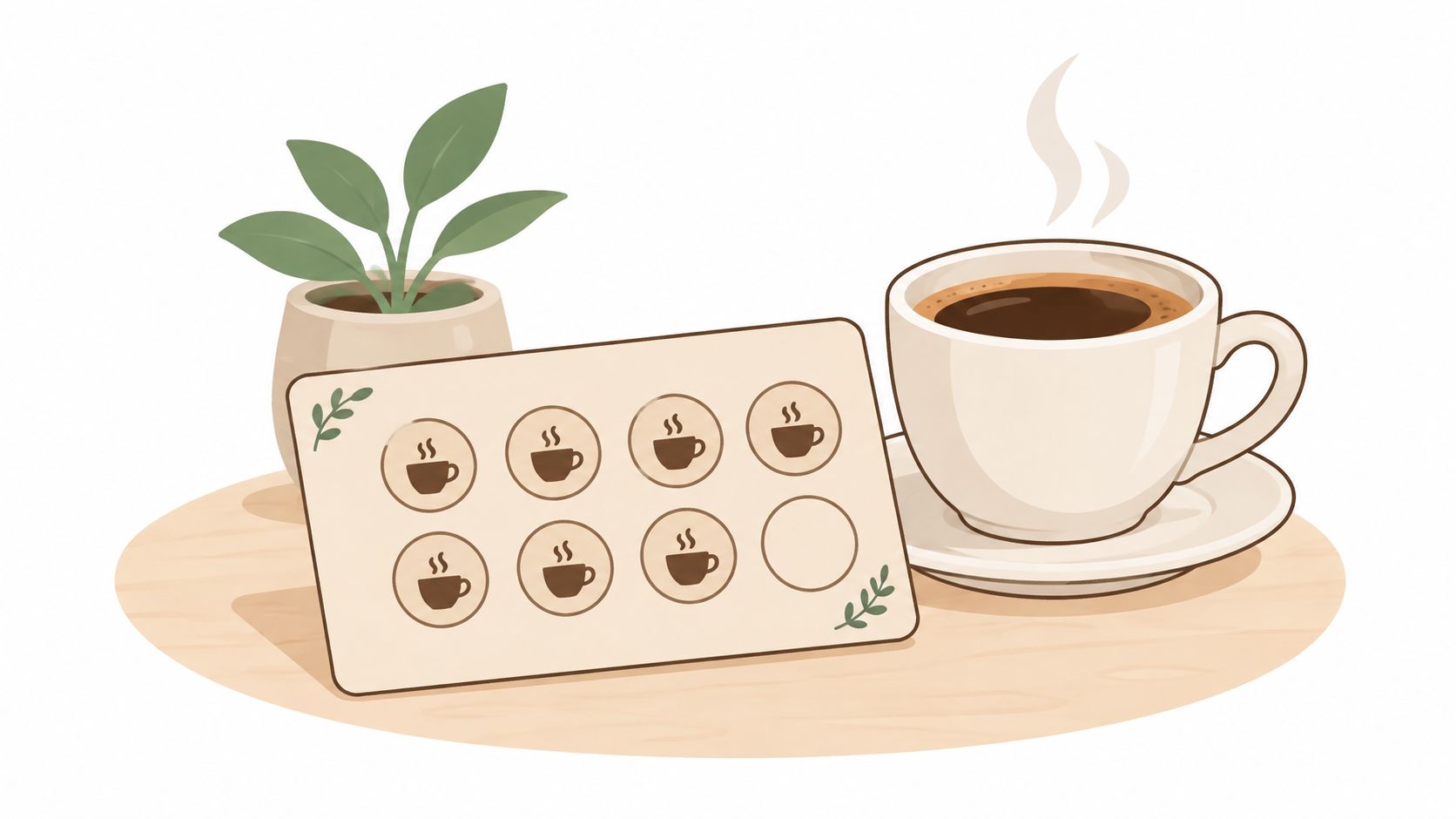 Tarjeta de fidelidad con tazas de café ilustradas junto a una taza de café y una planta.