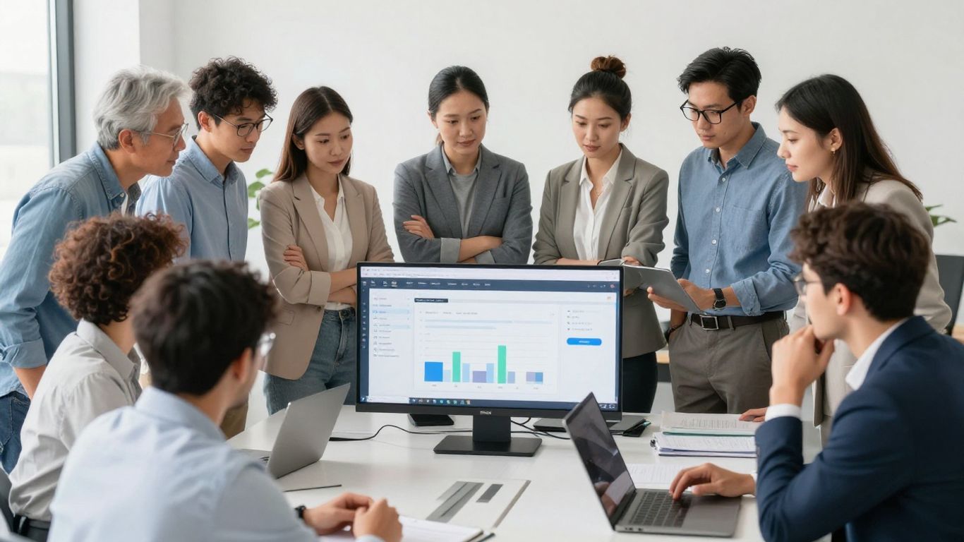 A diverse team coordinating on shared documentation tasks