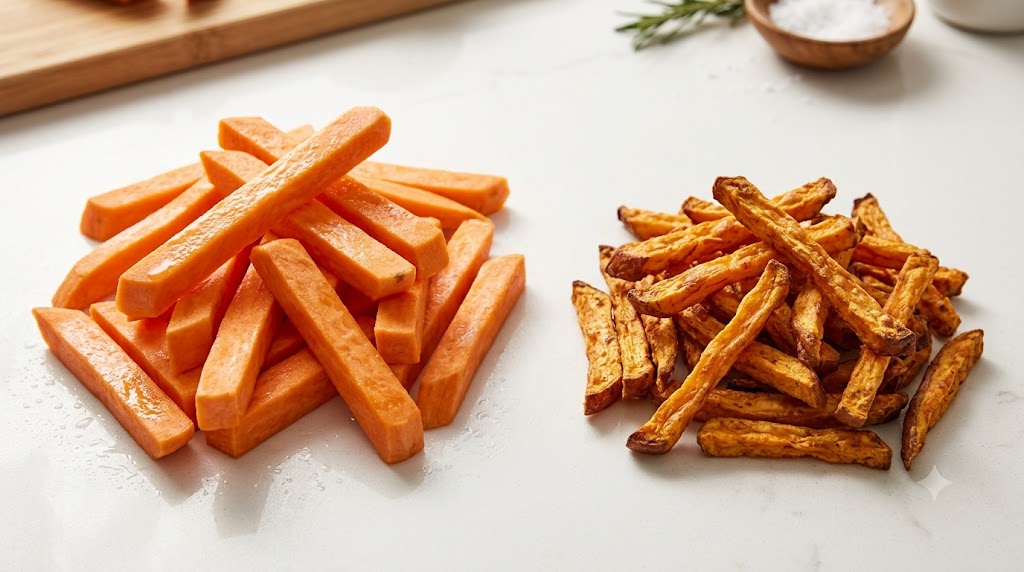 A side-by-side comparison of raw, thick-cut sweet potato wedges next to cooked, golden-brown sweet potato fries, shot on a white counter.
