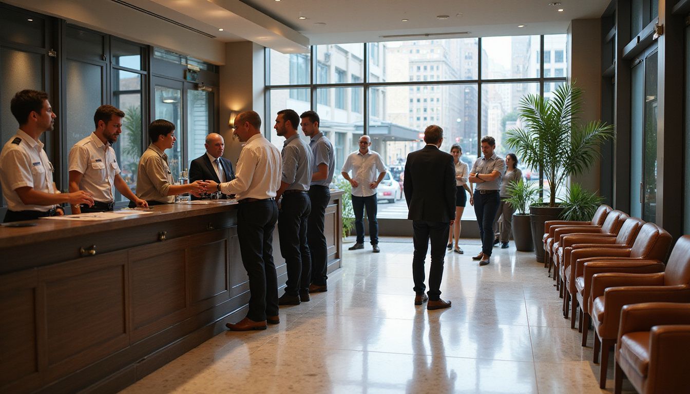A busy urban hotel lobby with guests checking in at the counter.