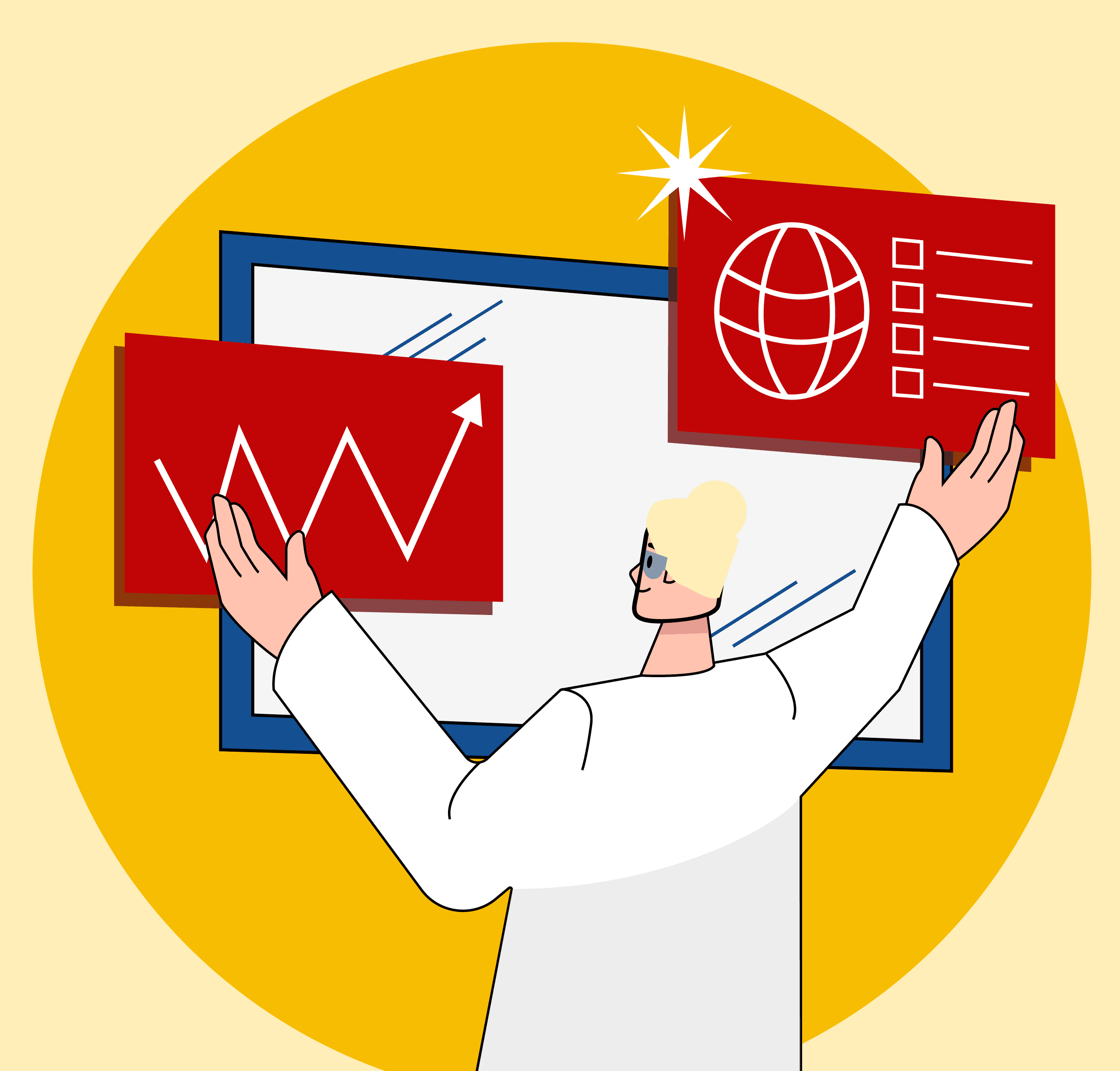 Illustration of a professional analyzing charts and global data, representing a strategic approach to enterprise B2B marketing.