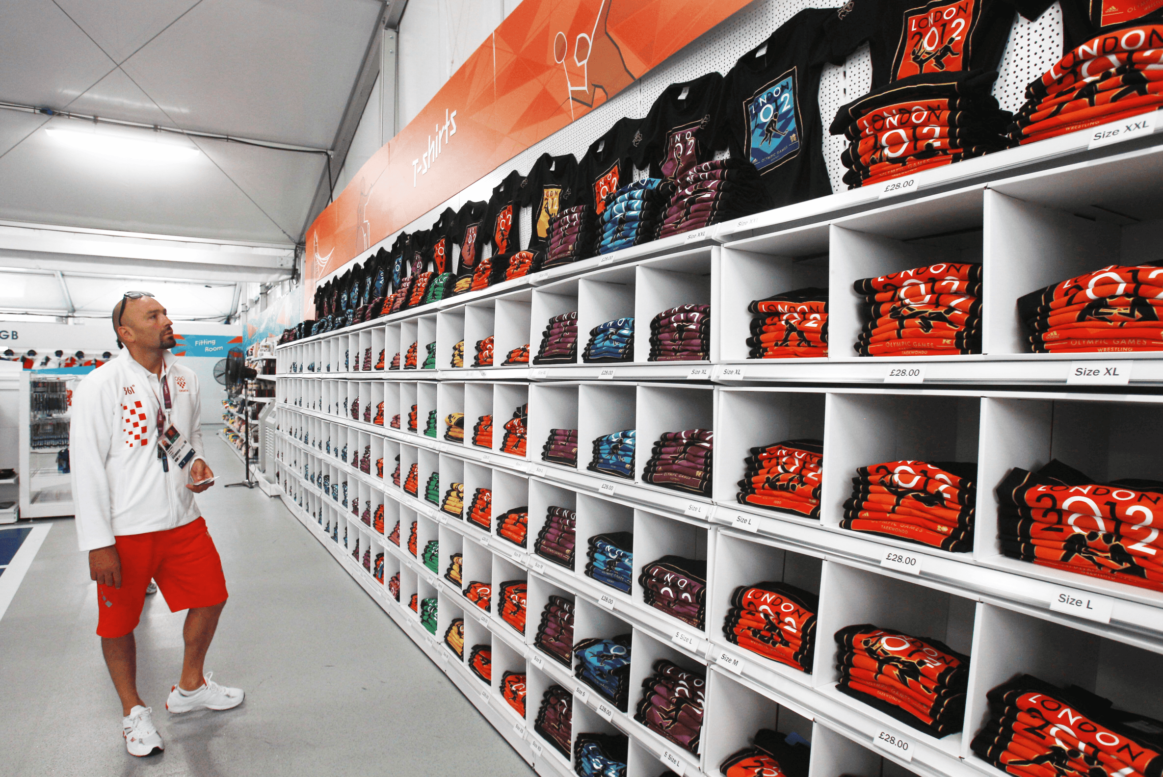 London 2012 Olympic T-shirt display shelving with bespoke retail shopfitting by Matrix IDC