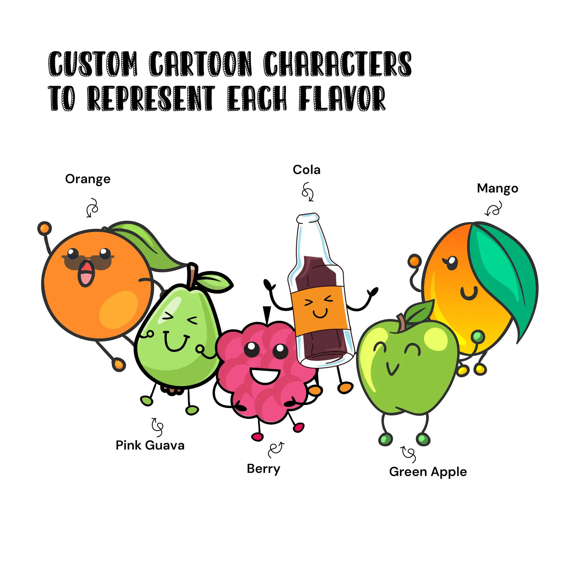 Custom cartoon characters that represent the different flavors of Icytoonz ice pops