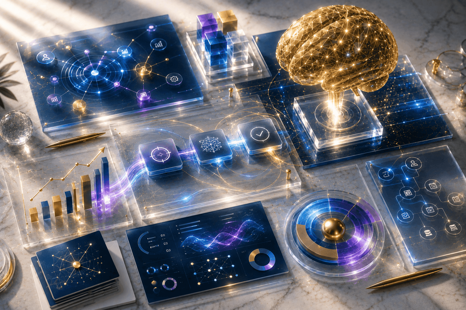 Intelligent automation flatlay of a glowing golden brain and connected AI workflow nodes