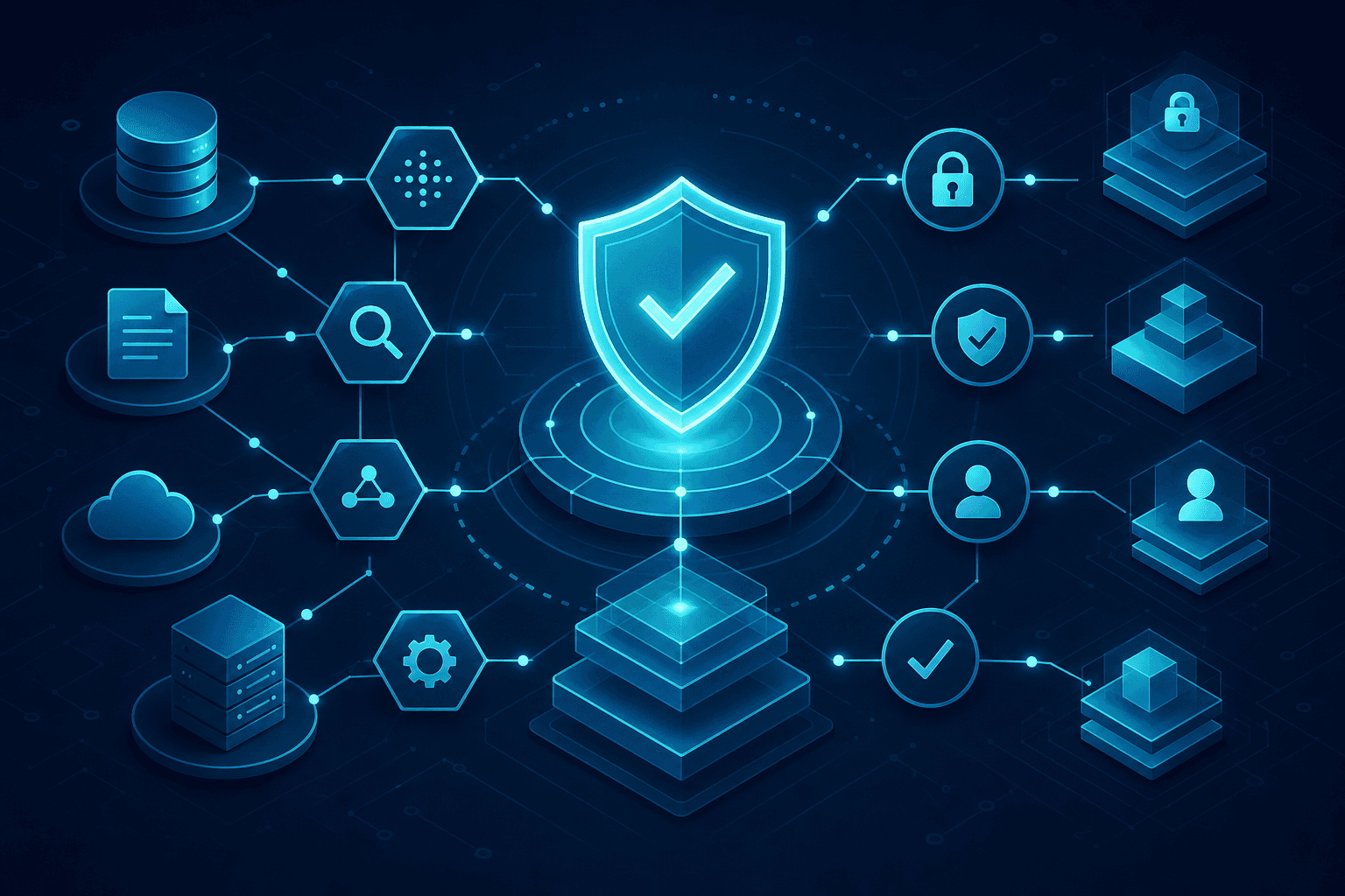 A clean, professional illustration of a secure digital audit process for an enterprise AI system. A glowing shield icon at the center surrounded by interconnected nodes representing data flow, security checks, and compliance verification layers. Abstract geometric shapes suggest a multi-layered security framework with lock icons and checkmark symbols integrated into circuit-like pathways. Dark blue and teal color palette with subtle gradient lighting, minimalist flat design style, no text or labels anywhere in the image.