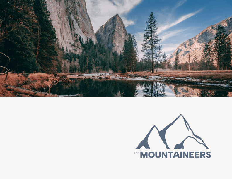 An image of a mountain from across a reflective lake. Below, the Mountaineers logo over a cream background.