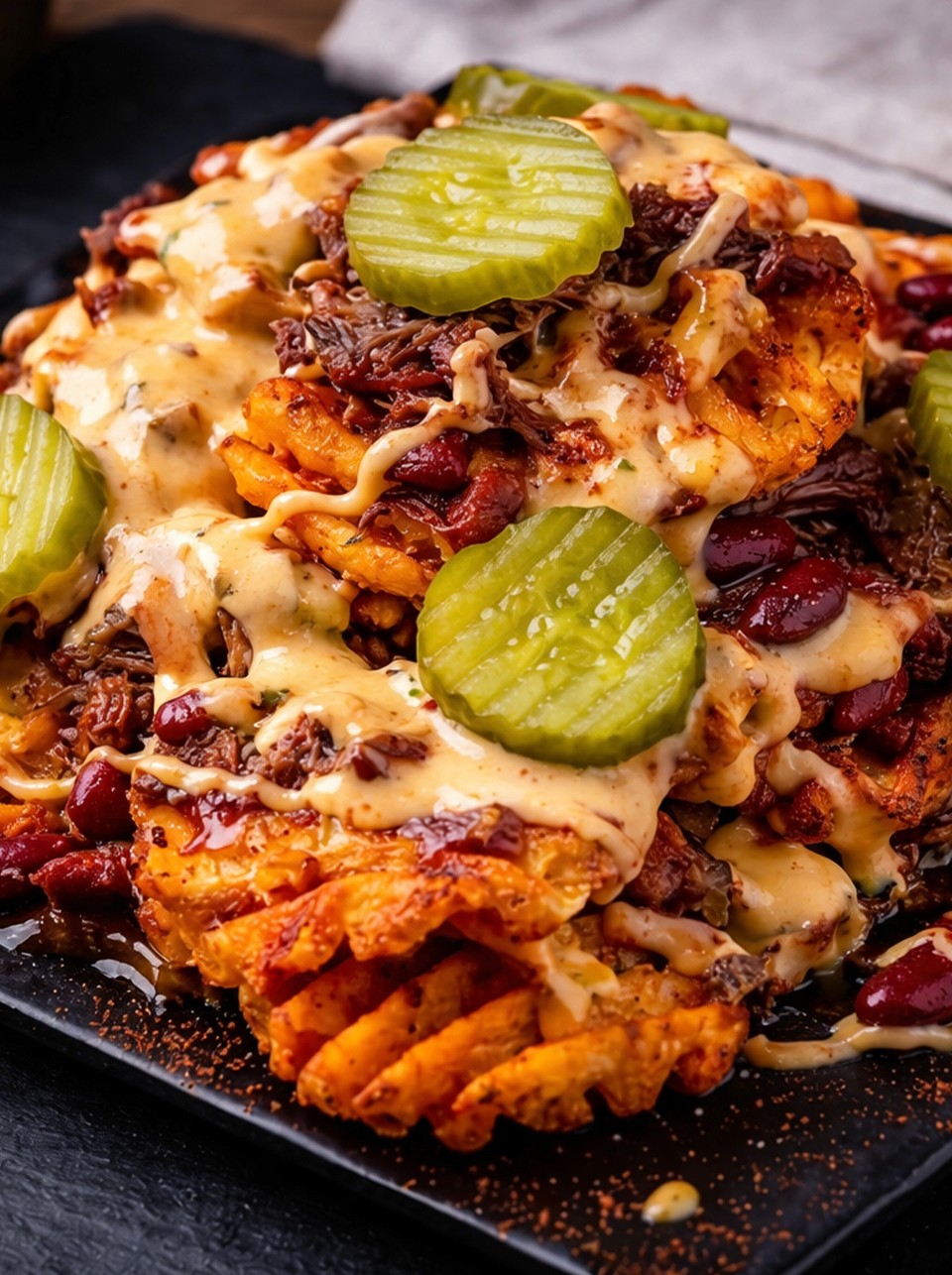 A cluttered dining table with plates, glasses, and food remnants, illuminated by soft, warm lighting.