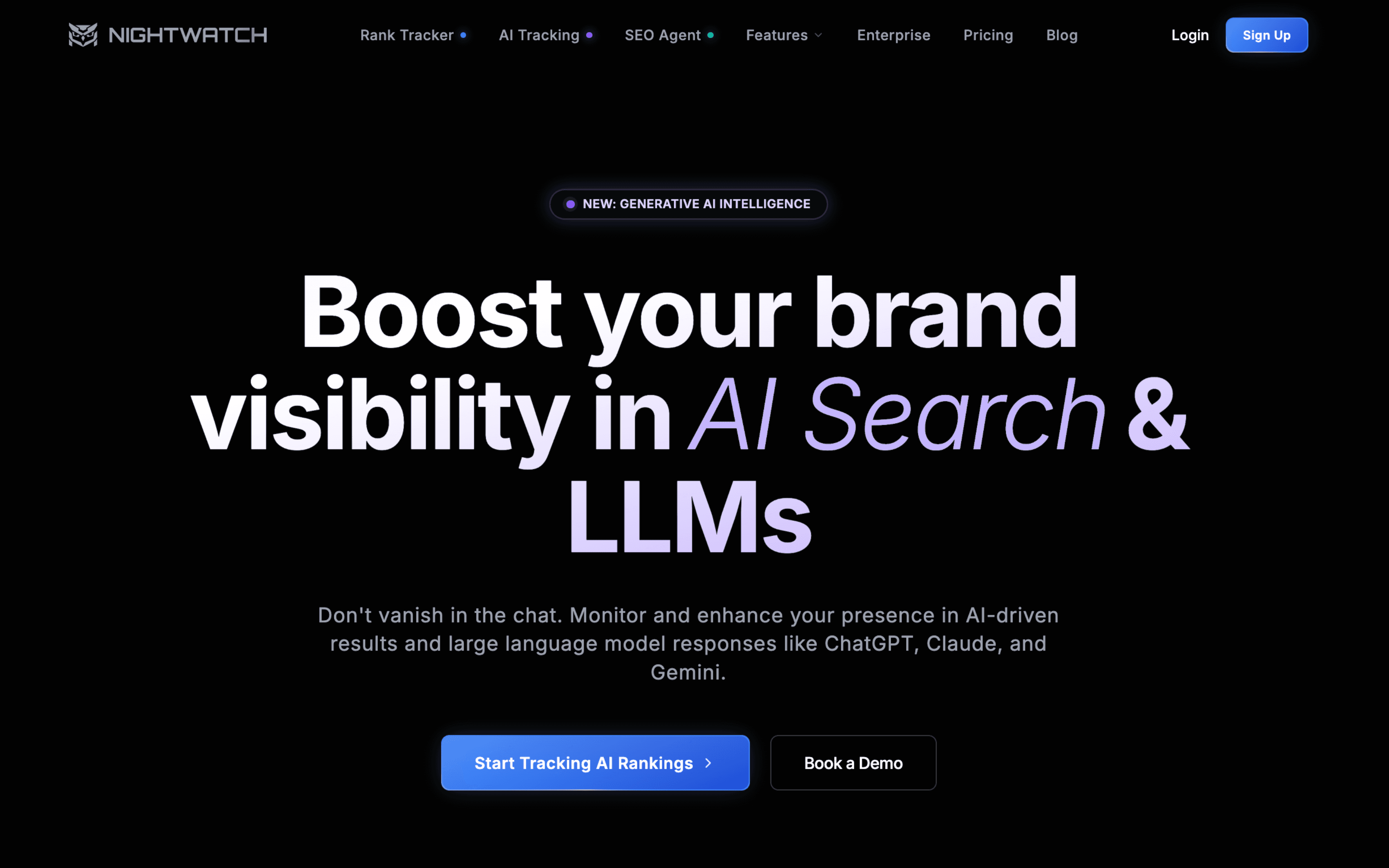 Screenshot of the Nightwatch AI Tracking dashboard showing AI visibility metrics, share of voice, sentiment, and reporting options