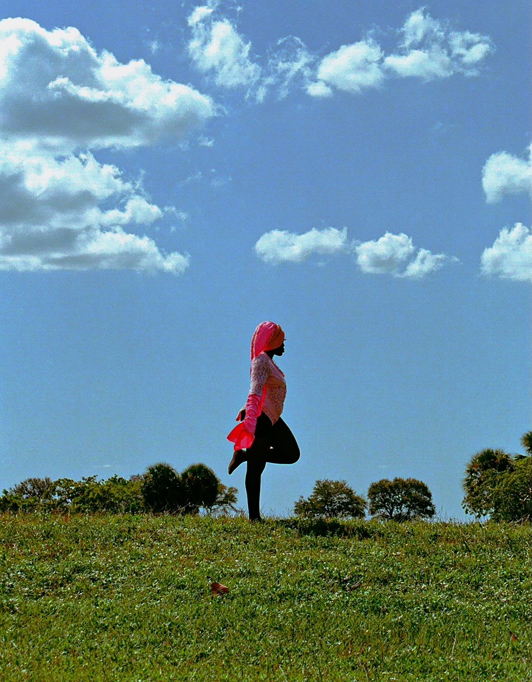Jo Jean in a pink-white dress