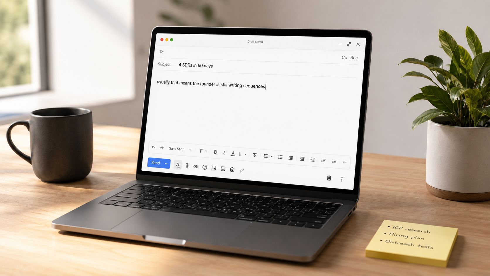 A laptop on a wooden desk displaying an email draft about sales sequences with a sticky note.
