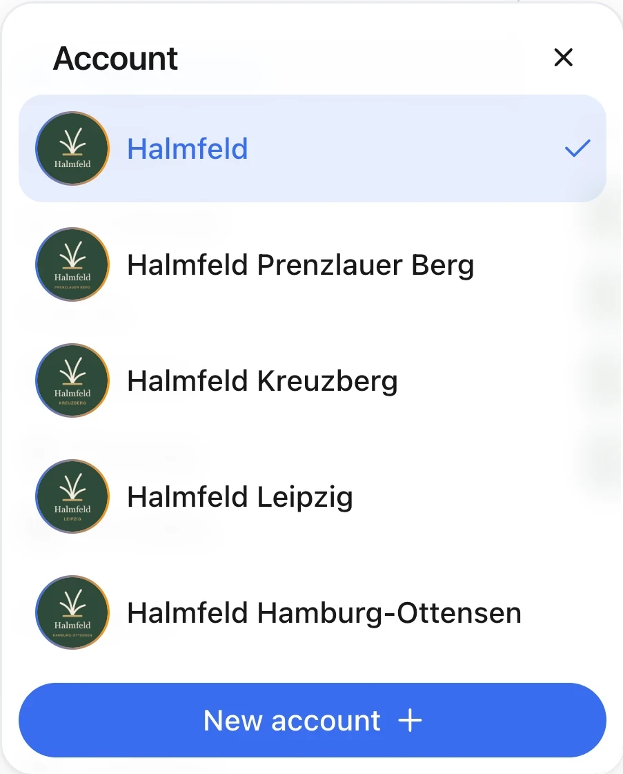 Organization switcher with Halmfeld and four locations