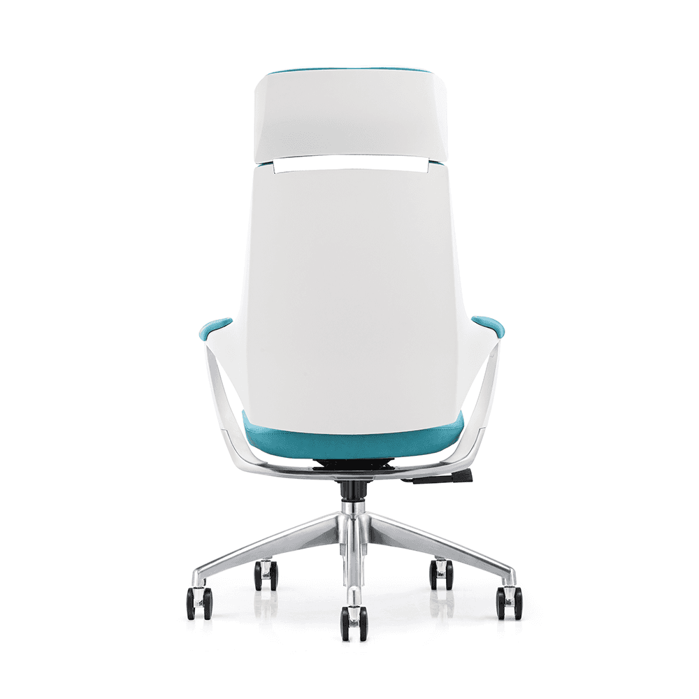 Rear view of a high-back executive office chair featuring a minimalist white back shell, teal blue upholstery accents, and a polished aluminum 5-star base.  SEO Strategy for this View: