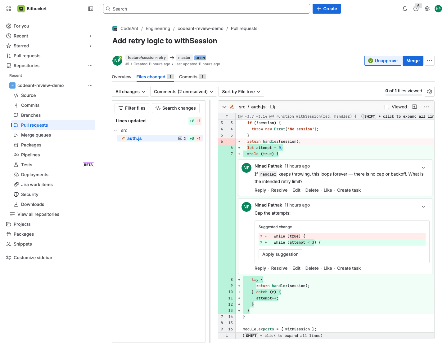 Anchor feedback to the exact lines, and suggest the fix when it is small enough to apply directly.