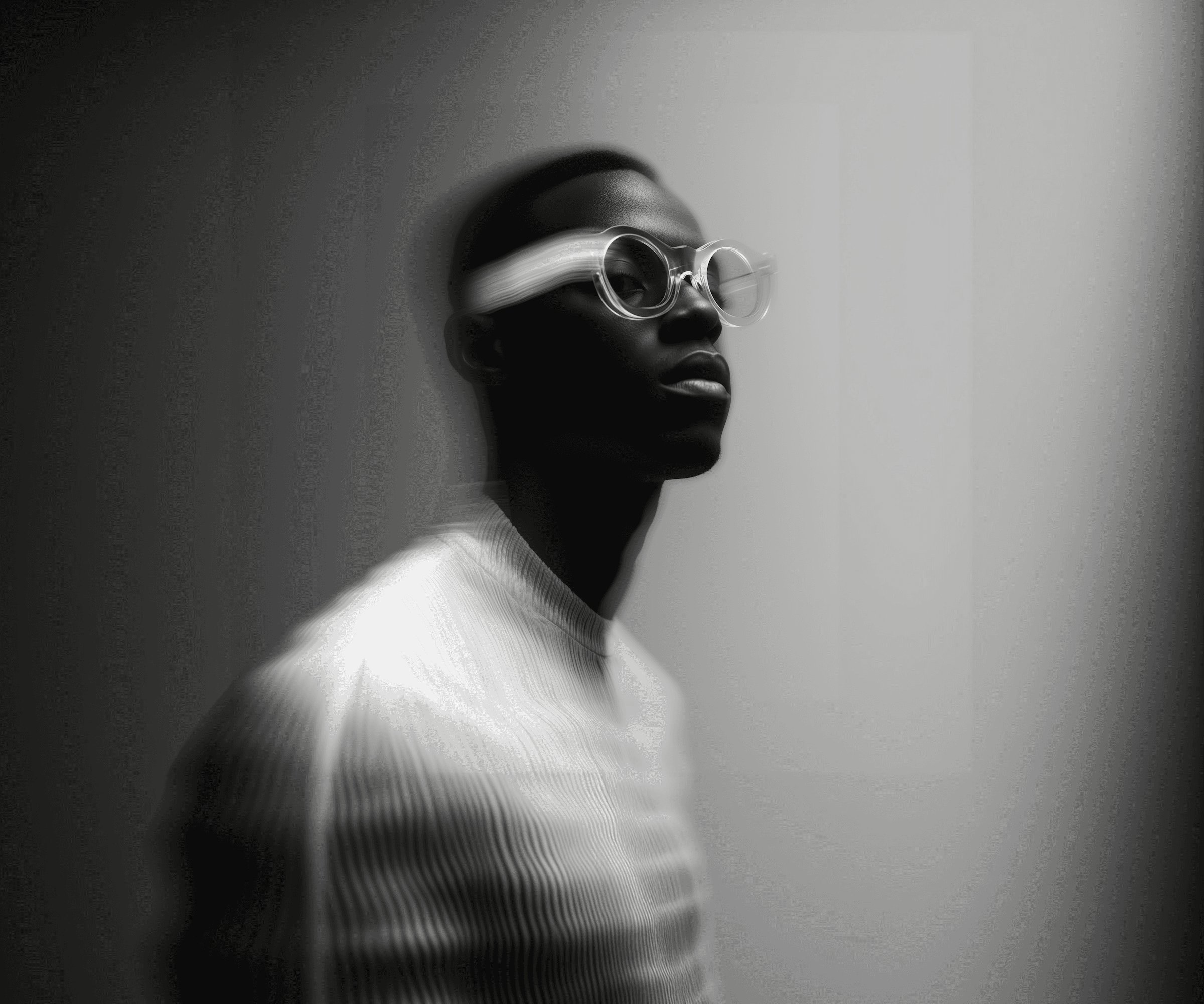 Artistic portrait of a person with translucent glasses and a white pleated top, featuring a blurred, motion-like effect for a surreal vibe.