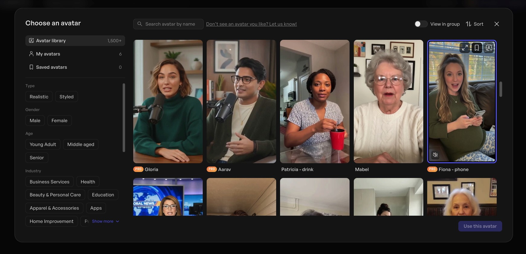 choose an AI avatar screenshot