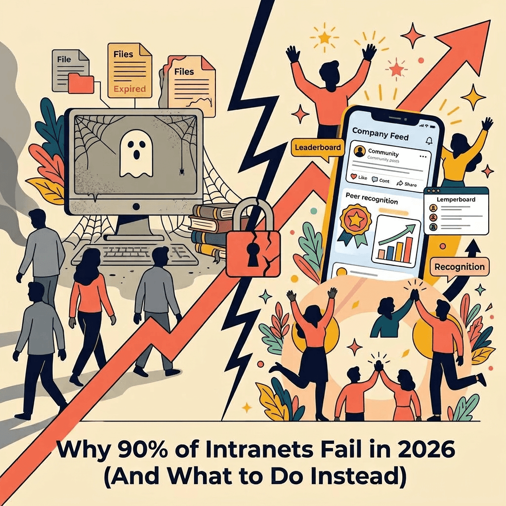 A conceptual illustration titled "Why 90% of Intranets Fail in 2026." The left side depicts a "Content Graveyard" with a cobweb-covered desktop and ghosts, representing outdated legacy systems. The right side, labeled "The Pivot," shows a vibrant mobile app interface with a company feed and employee recognition, symbolizing a modern employee engagement platform.