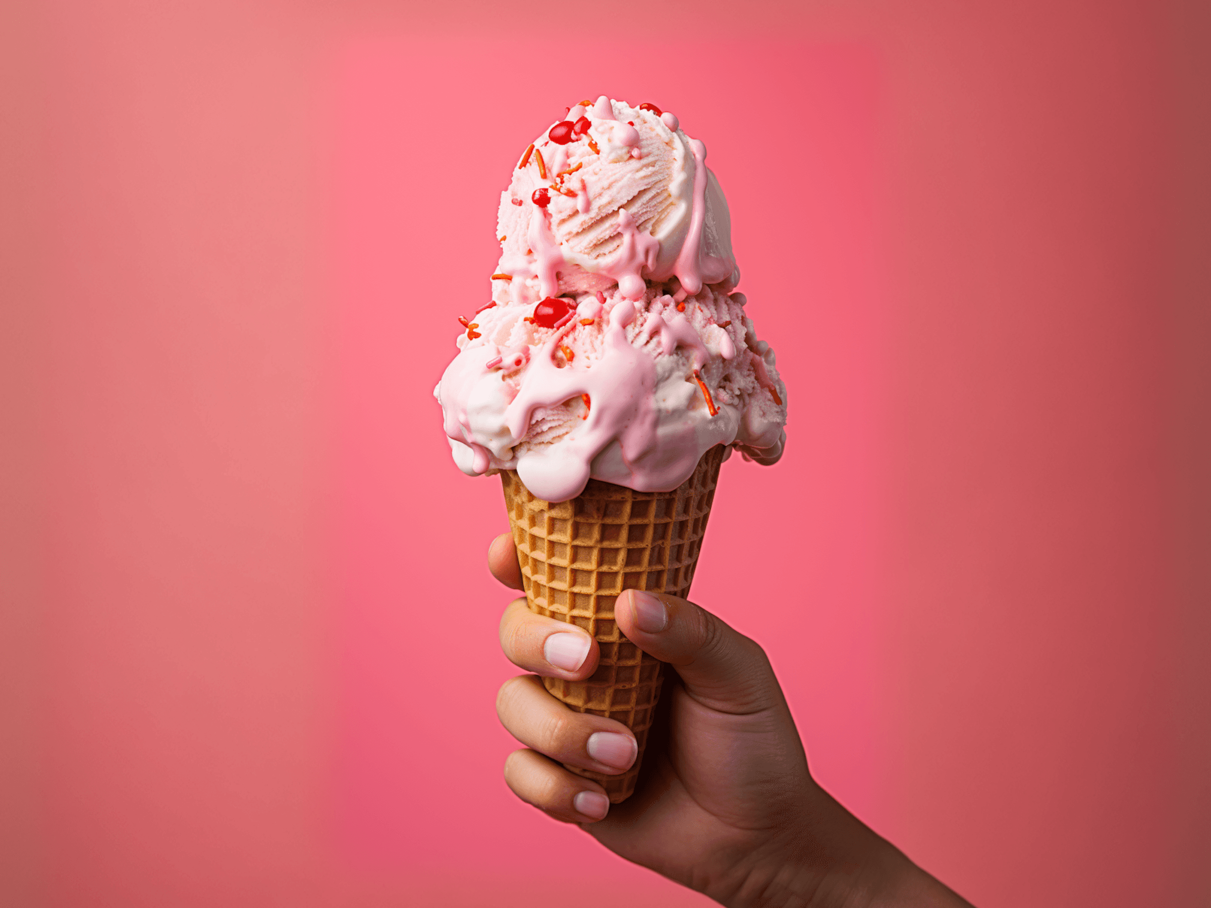 Close-up of hand holding pink ice cream cone against pastel background