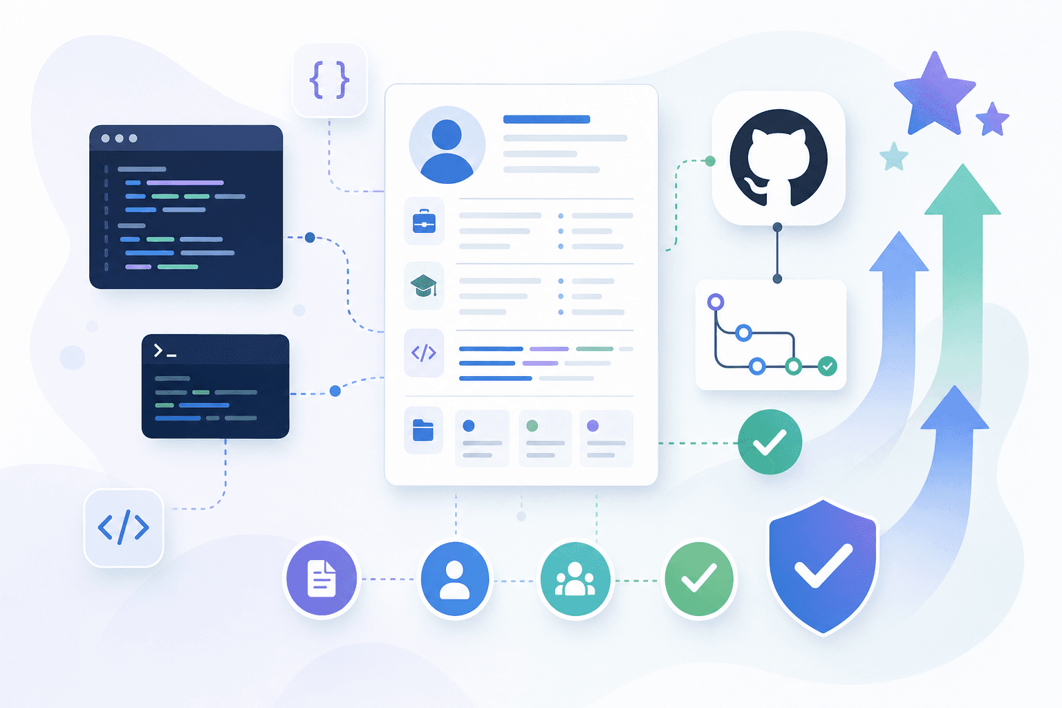 A modern, clean illustration showing a job application process with abstract elements. Display a polished resume document with clean layout and organized sections, surrounded by visual symbols of success like checkmarks, stars, and upward arrows. Include abstract representations of coding symbols like brackets, terminal windows, and Git branches as floating decorative elements. Show a GitHub logo or repository icon connected to the resume. Use a professional tech color palette with blues, greens, and purples. The style should be minimalist, contemporary, and convey professionalism and attention to detail in the job application process.