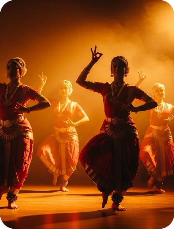 Group of dancers performing bharatanatyam in a stage