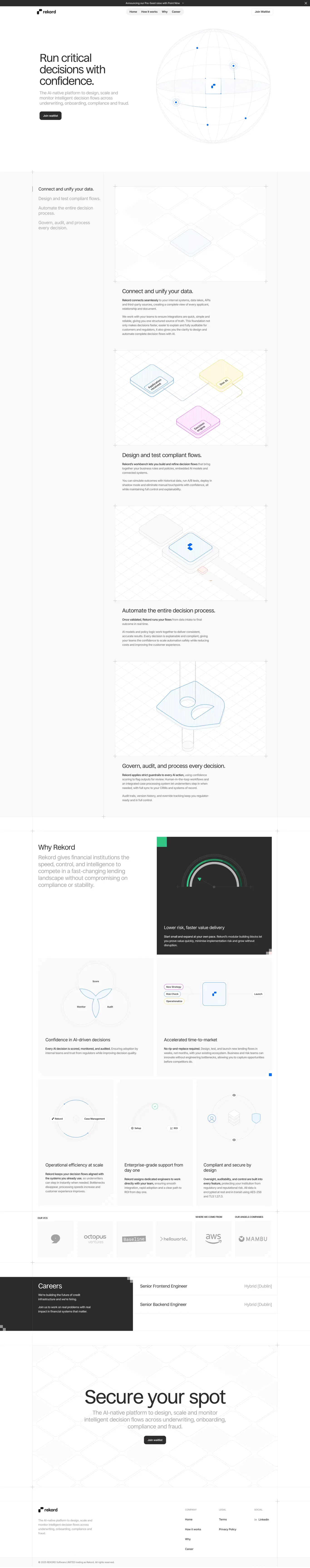 Rekord landing page screenshot showcasing AI and Tech design