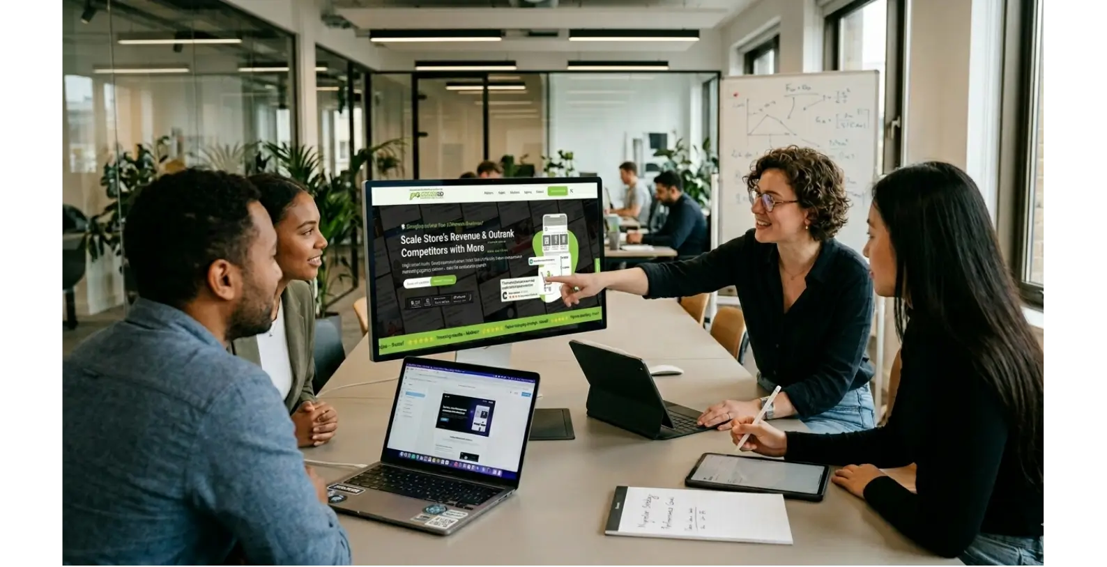 Development team collaborating on website design in a modern open-plan office.