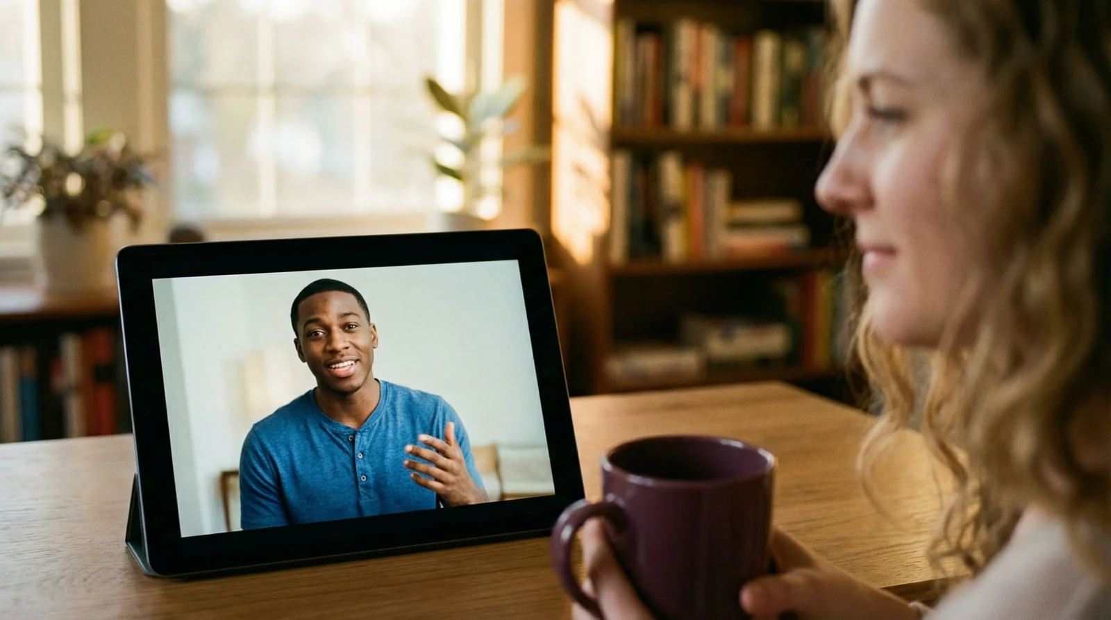 Engaged professional during a video call, warm expression, consistent home office setup showing the rhythm of regular content creation